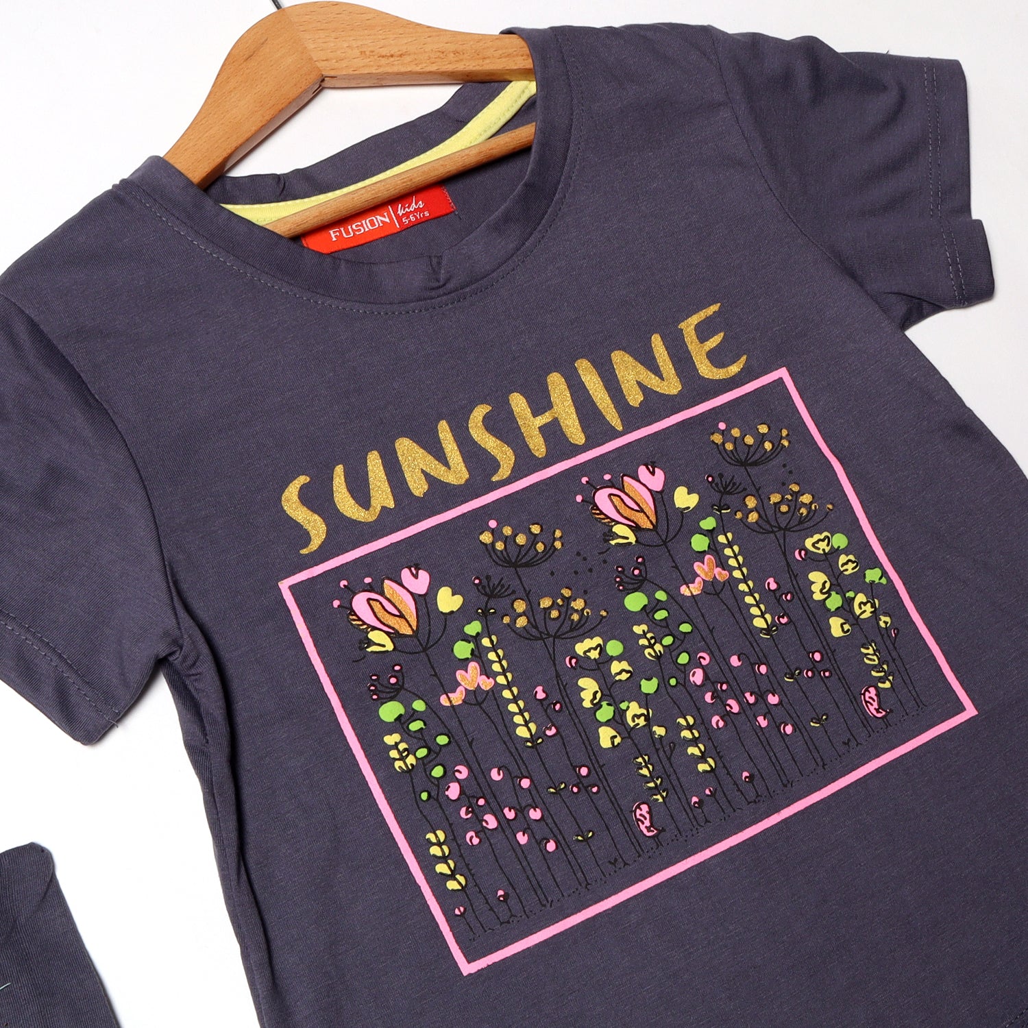 DULL BLUE SUNSHINE FLOWERS PRINTED T-SHIRT FOR GIRLS
