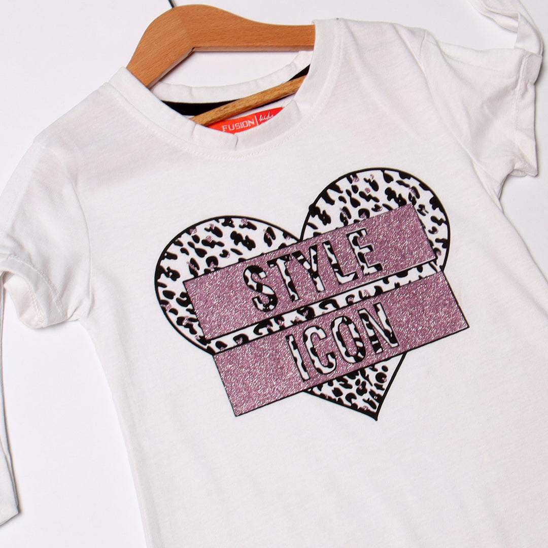 WHITE HEART STYLE ICON PRINTED T-SHIRT FOR GIRLS