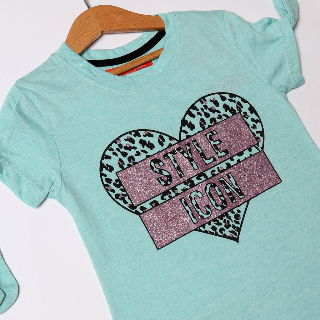 TURQUOISE HEART STYLE ICON PRINTED T-SHIRT FOR GIRLS