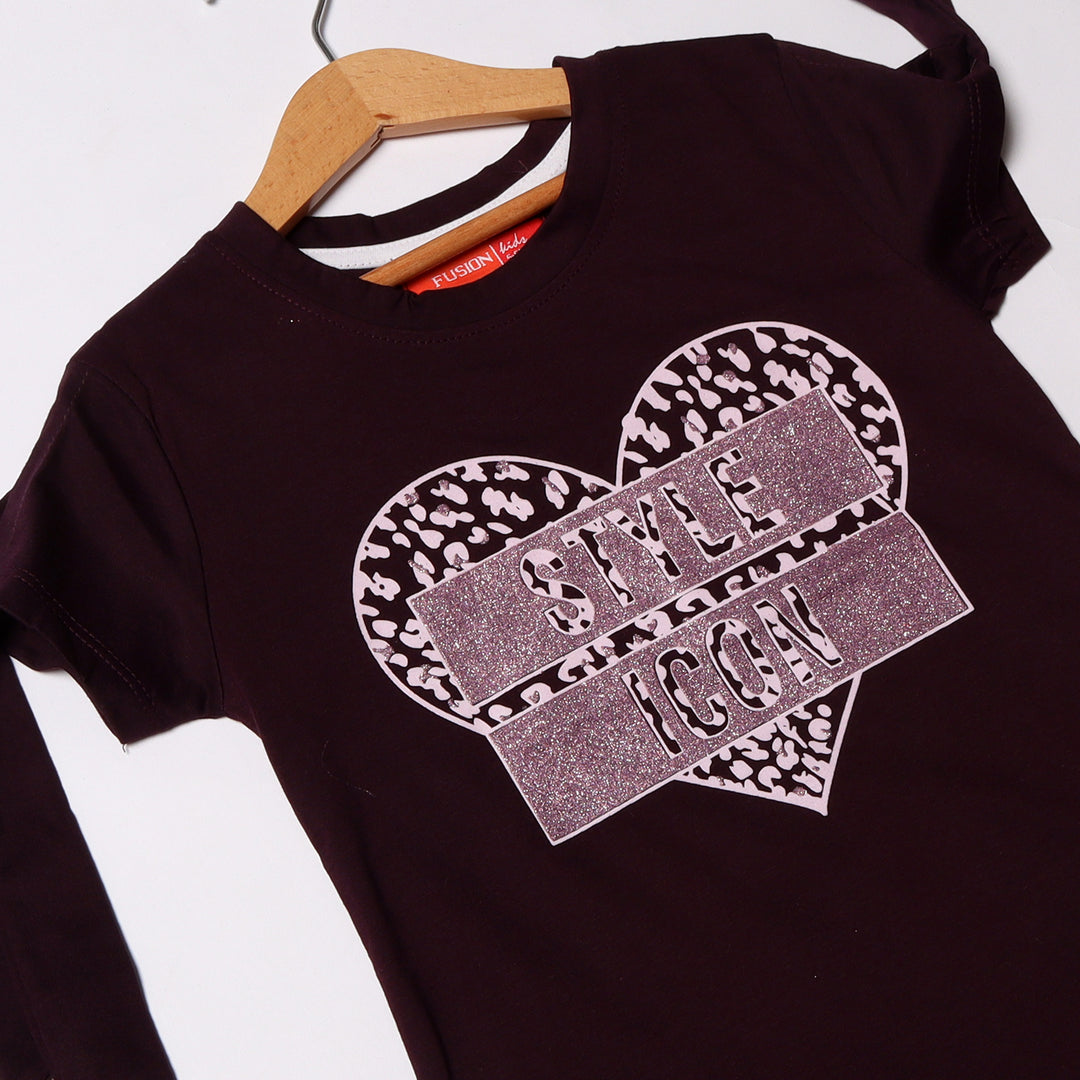 DARK PURPLE HEART STYLE ICON PRINTED T-SHIRT FOR GIRLS