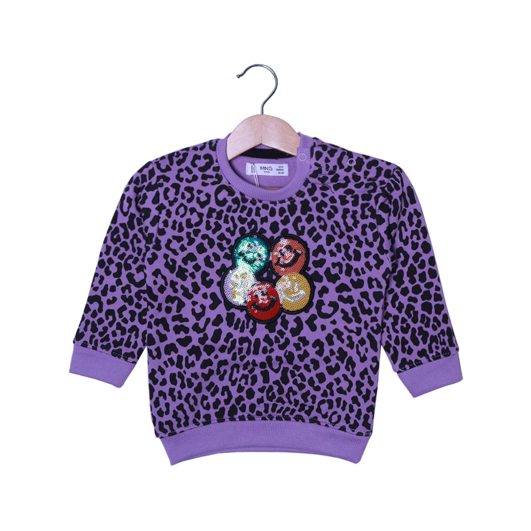 PURPLE CHEETAH PRINT WITH SMILEY TERRY FABRIC SWEATSHIRT