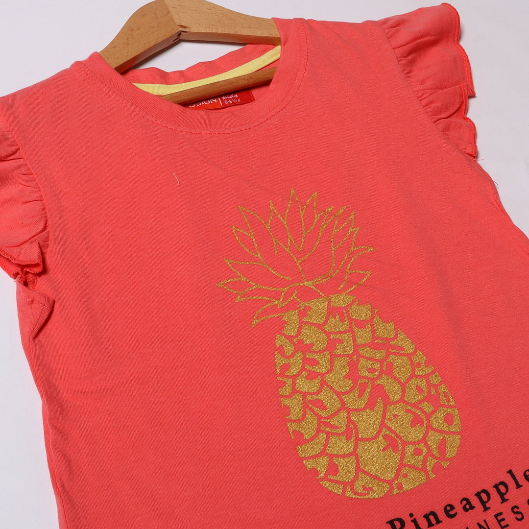 DARK PEACH PINEAPPLE PRINTED T-SHIRT FOR GIRLS