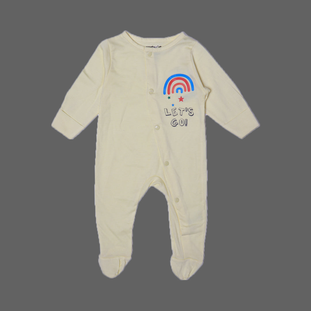 YELLOW "RAINBOW LET'S GO" PRINT FULL BODY FULL SLEEVES ROMPERS