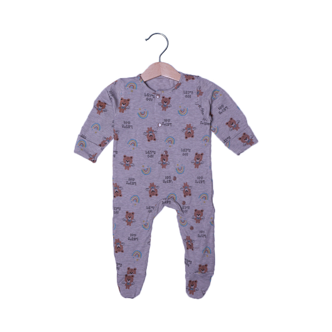 BROWN STRIPES "RAINBOW BEAR" PRINT FULL BODY FULL SLEEVES ROMPERS