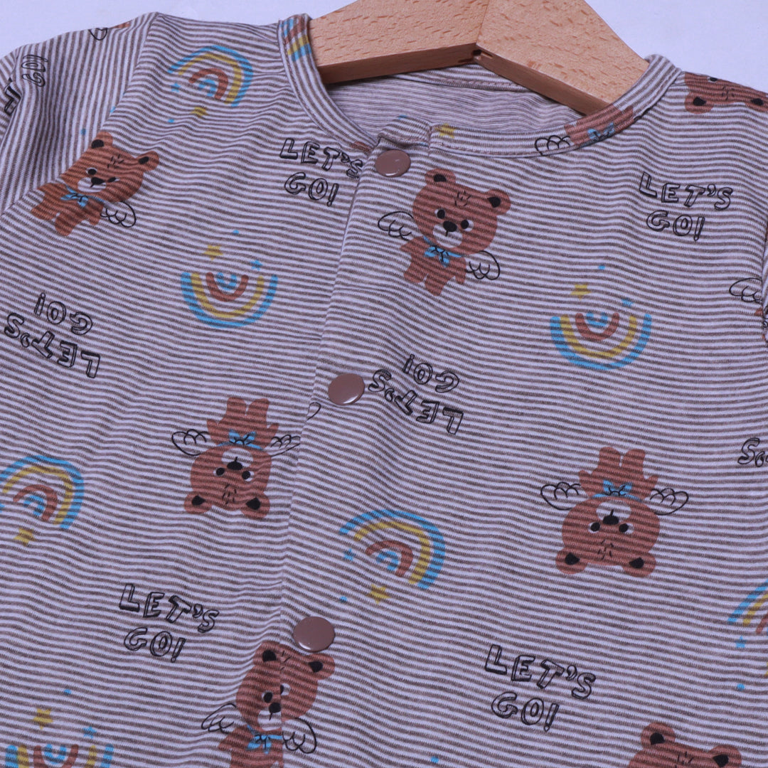 BROWN STRIPES "RAINBOW BEAR" PRINT FULL BODY FULL SLEEVES ROMPERS