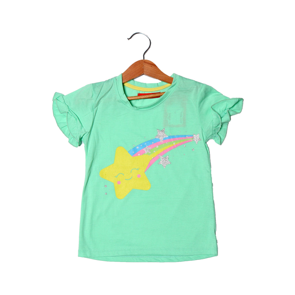 SEA GREEN RAINBOW STAR PRINTED T-SHIRT FOR GIRLS