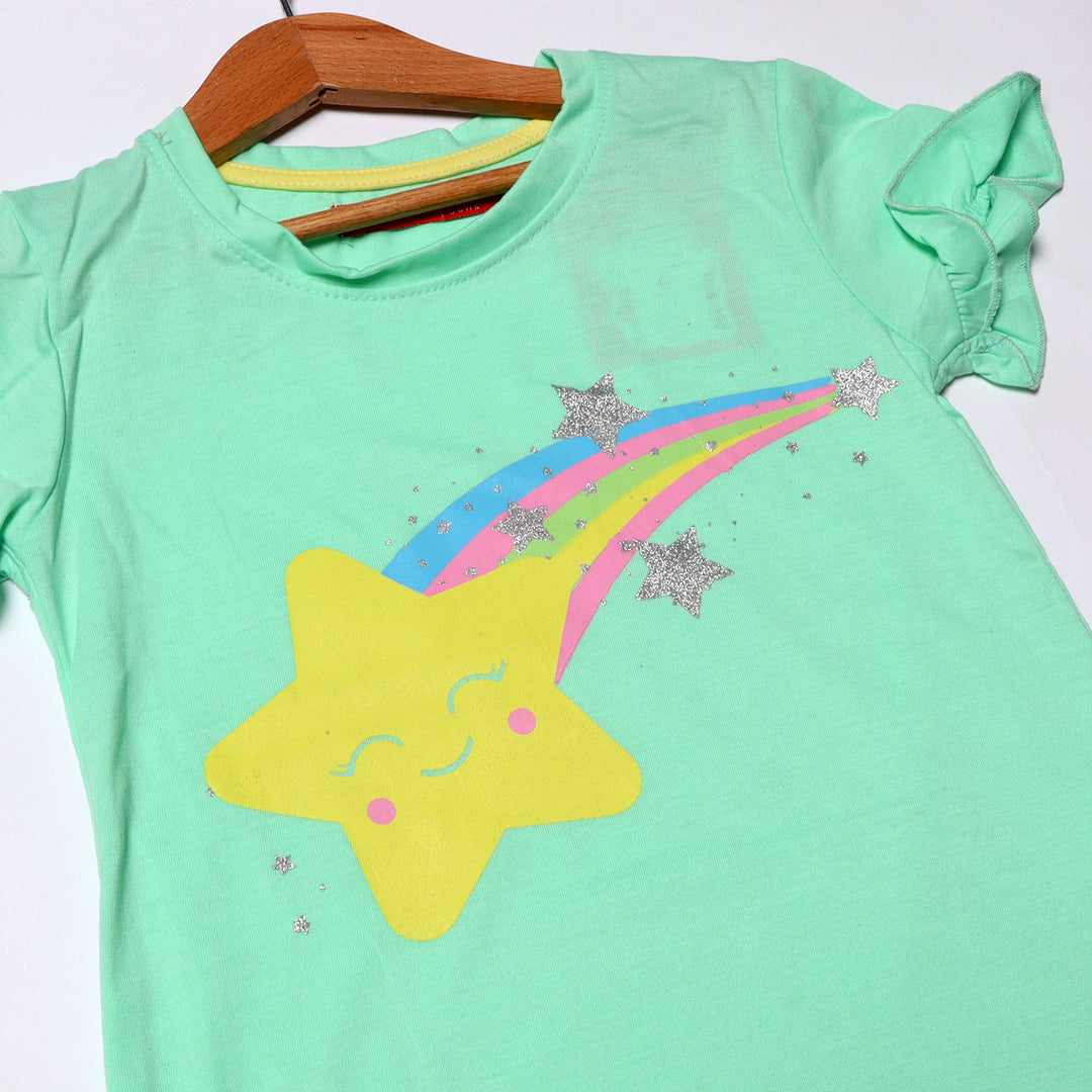 SEA GREEN RAINBOW STAR PRINTED T-SHIRT FOR GIRLS