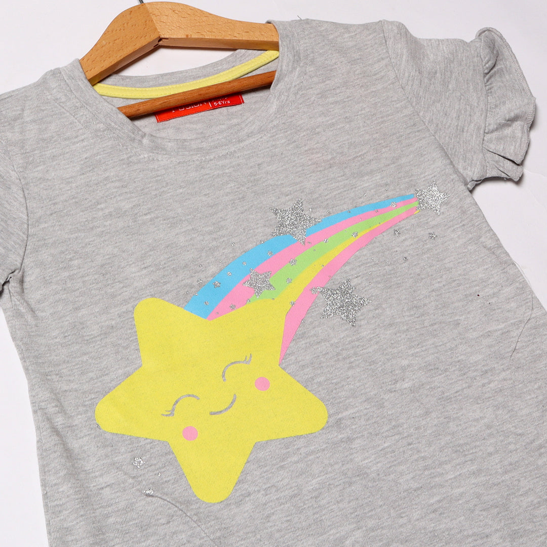 HAZEL GREY RAINBOW STAR PRINTED T-SHIRT FOR GIRLS