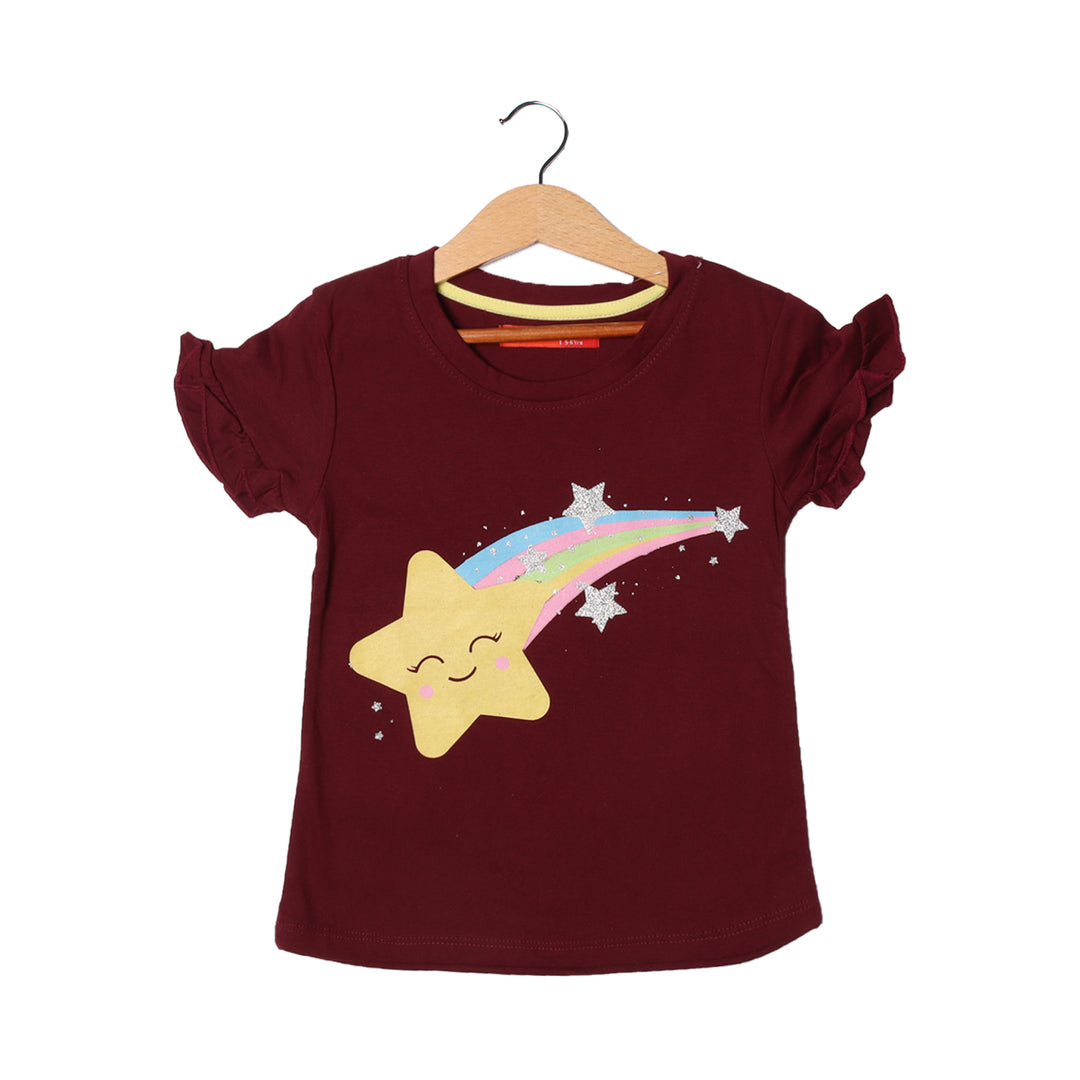 MAROON RAINBOW STAR PRINTED T-SHIRT FOR GIRLS