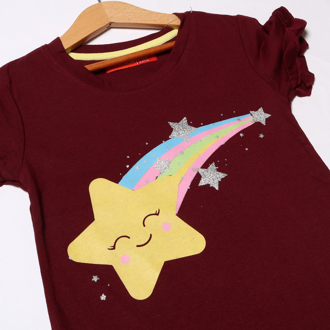 MAROON RAINBOW STAR PRINTED T-SHIRT FOR GIRLS