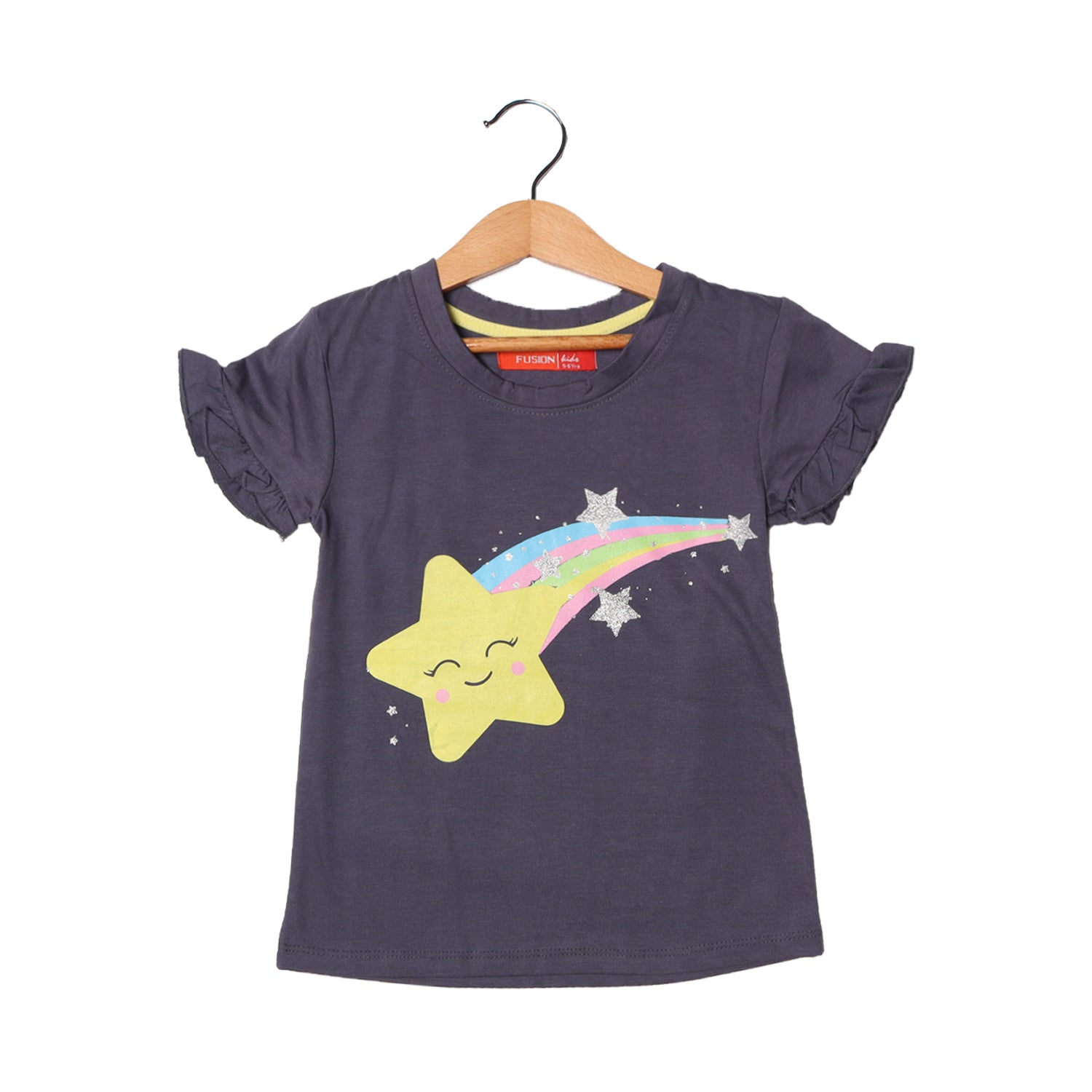 DULL BLUE RAINBOW STAR PRINTED T-SHIRT FOR GIRLS Secondary image
