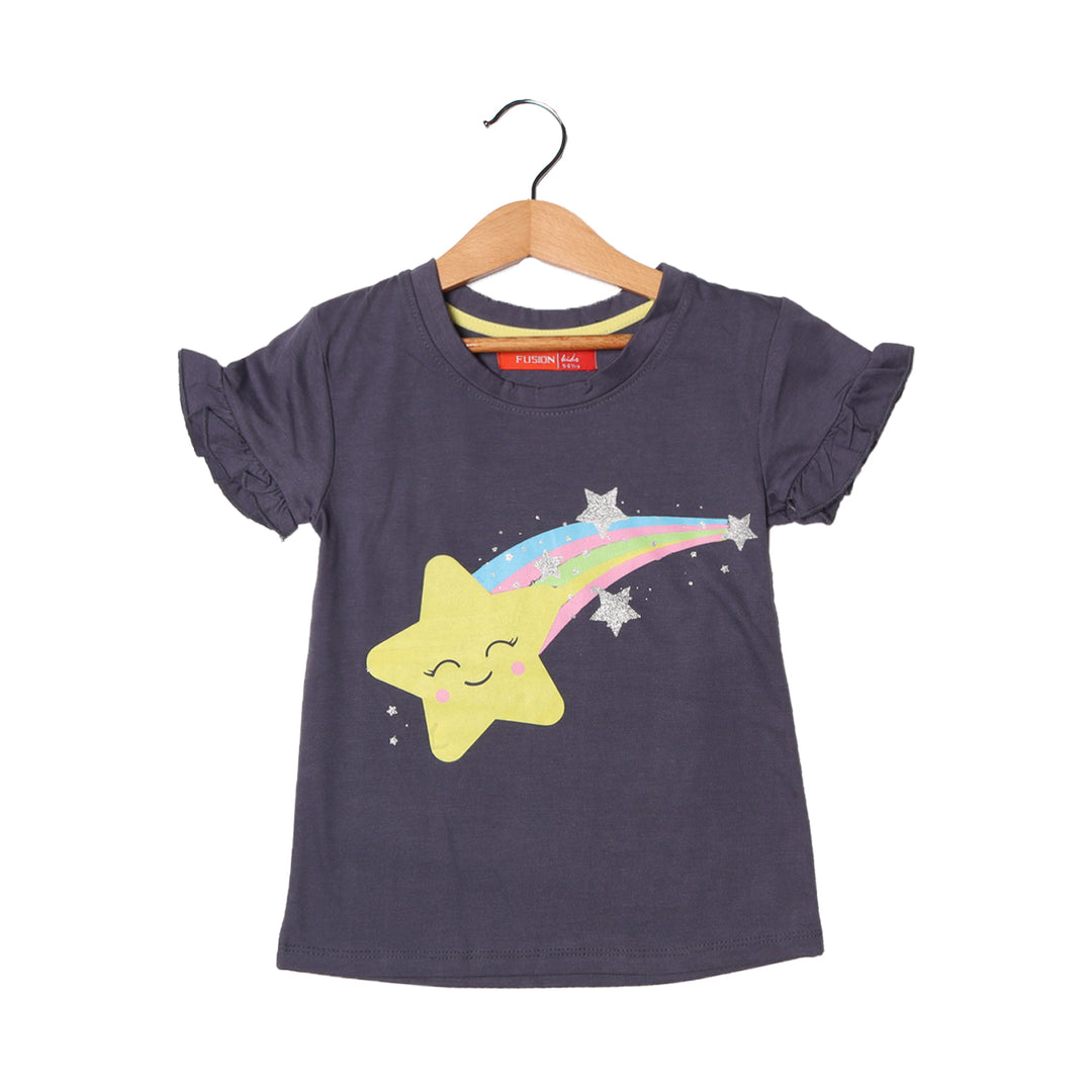 DULL BLUE RAINBOW STAR PRINTED T-SHIRT FOR GIRLS
