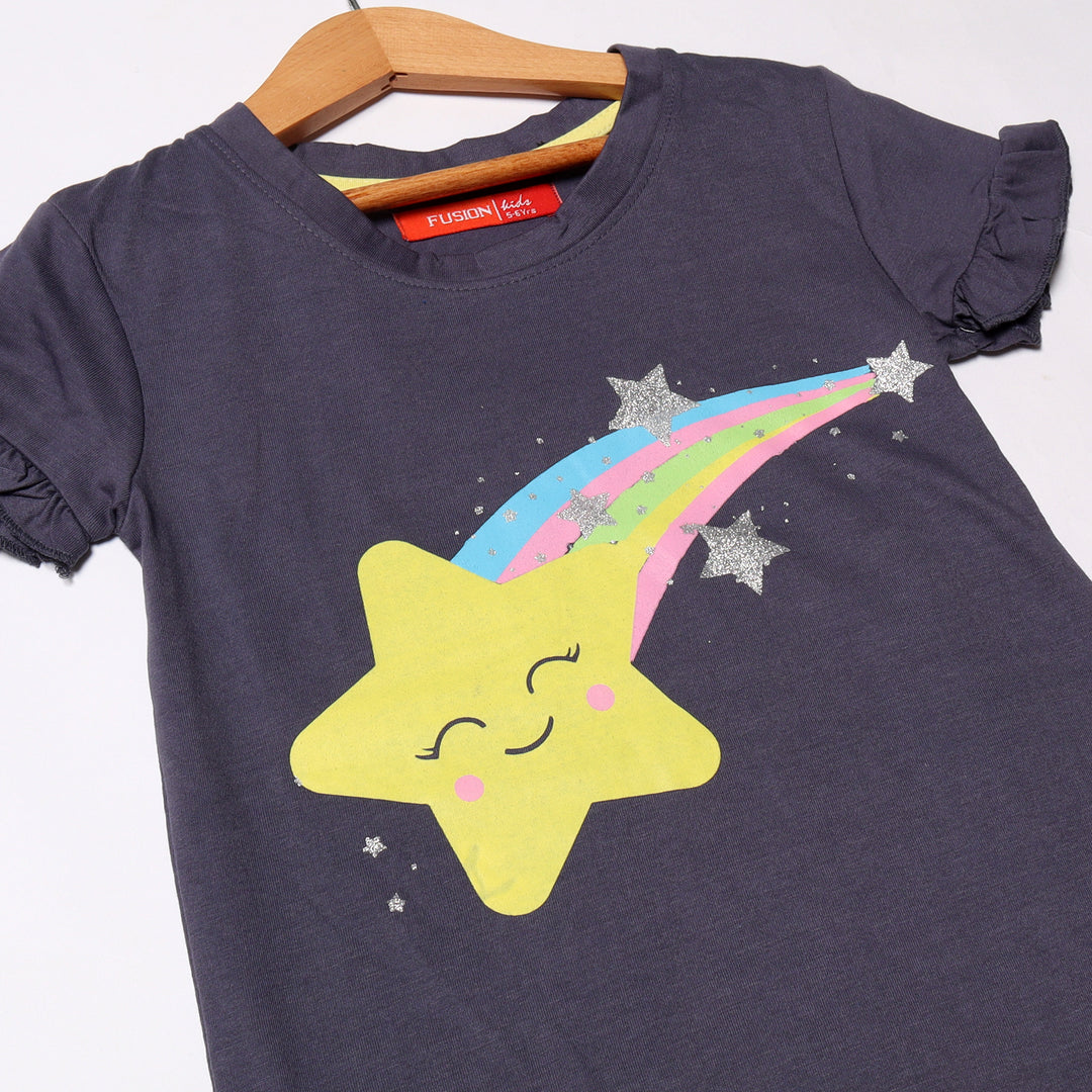 DULL BLUE RAINBOW STAR PRINTED T-SHIRT FOR GIRLS