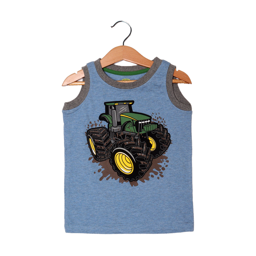 BLUE TRACTOR WITH DIRT PRINTED SANDO FOR BOYS