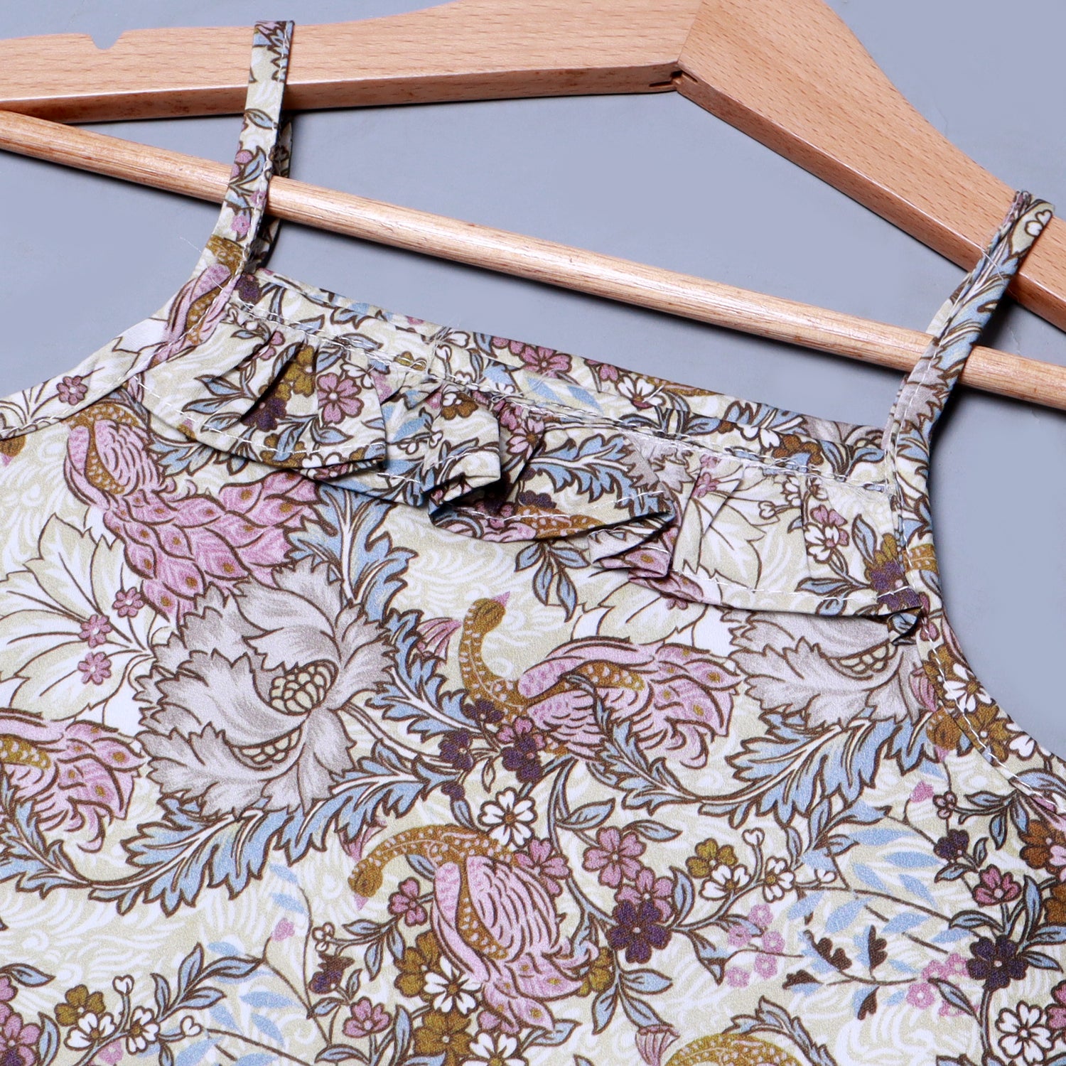 CREAM PEACOCK & FLOWERS PRINTED COTTON FABRIC ROMPER Secondary image