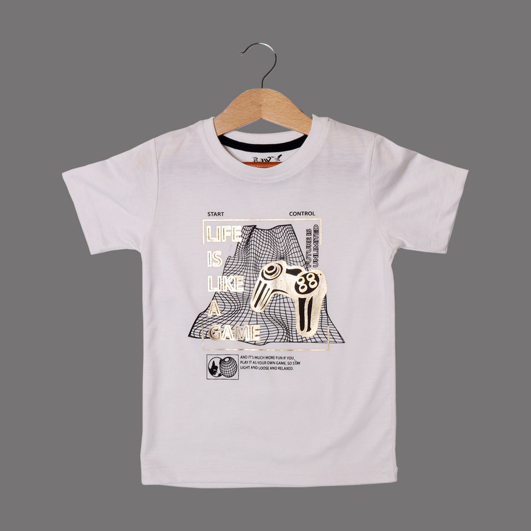 WHITE LIFE IS LIKE GAME PRINTED HALF SLEEVES T-SHIRT FOR BOYS
