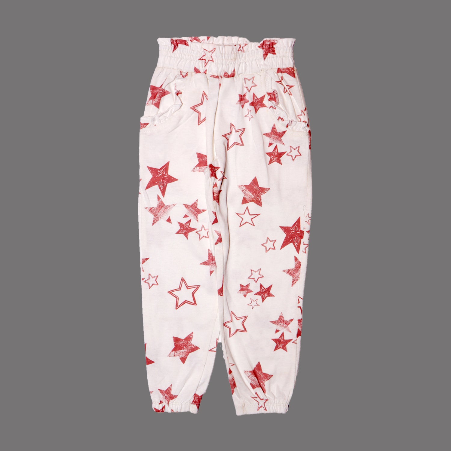 WHITE WITH PINK STARS PRINTED FRIL POCKETS PAJAMA FOR GIRLS