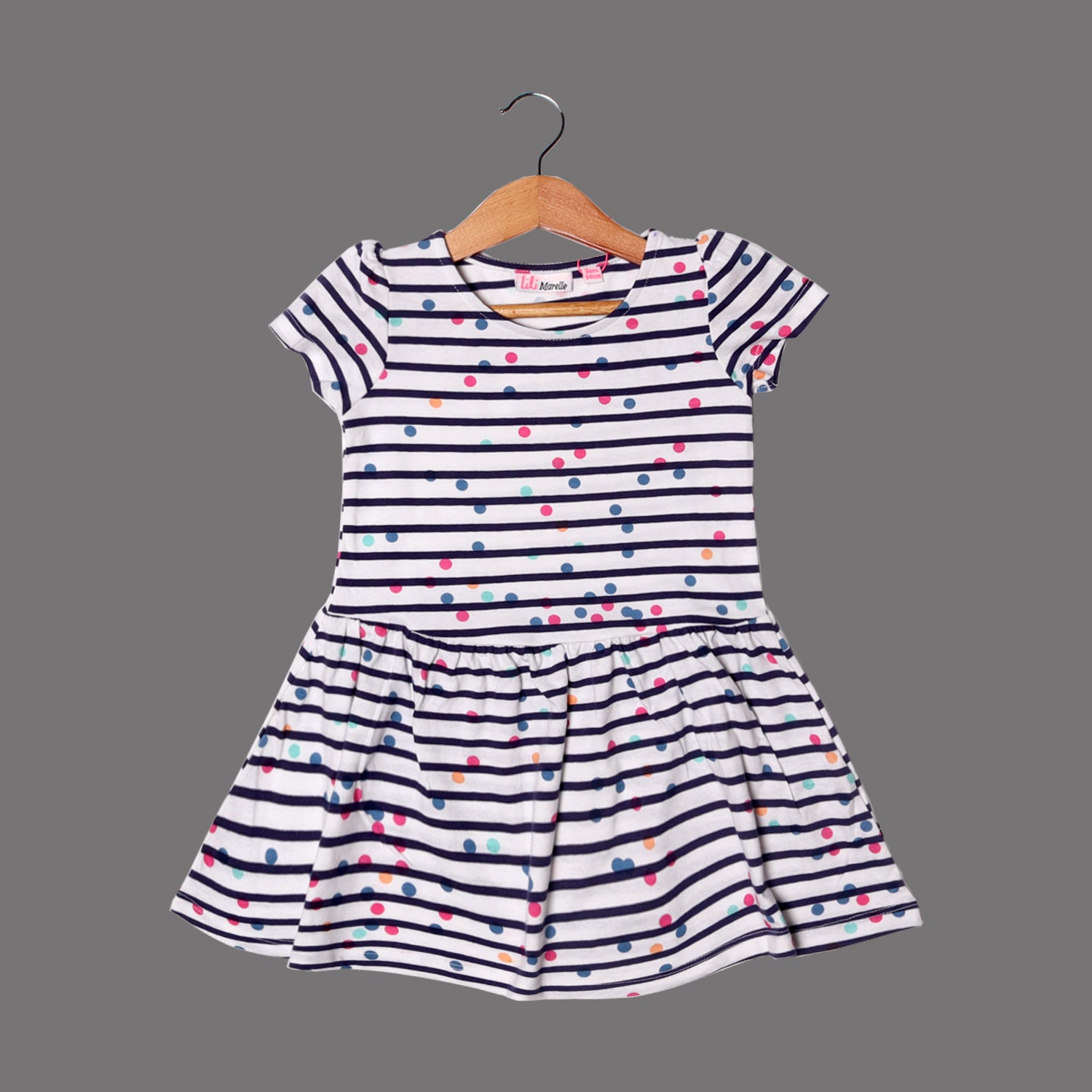 WHITE STRIPES & POLKA DOTS PRINTED FROCK FOR GIRLS