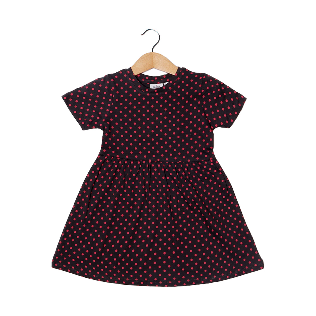 DARK GREY PINK POLKA DOTS PRINTED FROCK FOR GIRLS