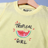 YELLOW TROPICAL GIRL PRINTED HALF SLEEVES T-SHIRT FOR SUMMERS
