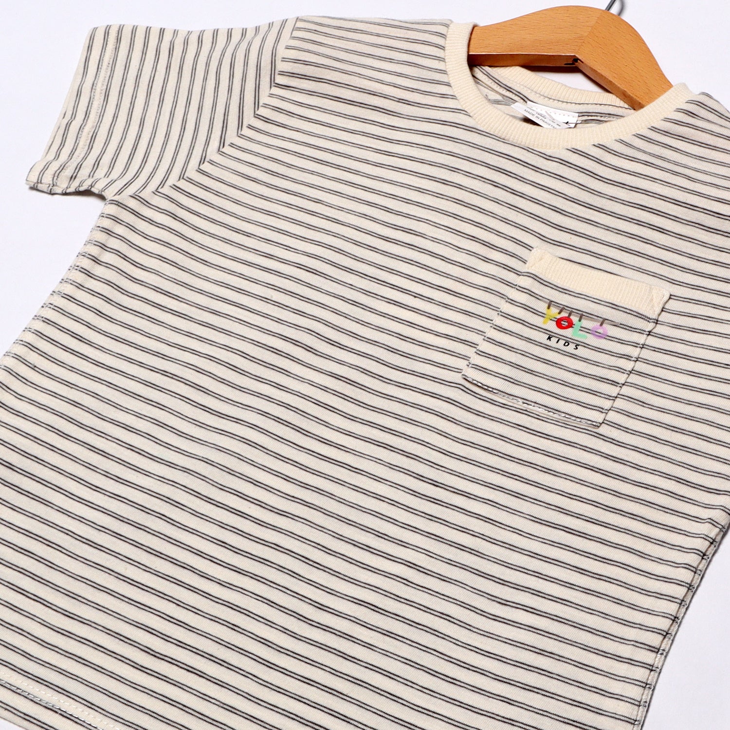 WHITE WITH BLACK LINES WITH POCKET HALF SLEEVES T-SHIRT