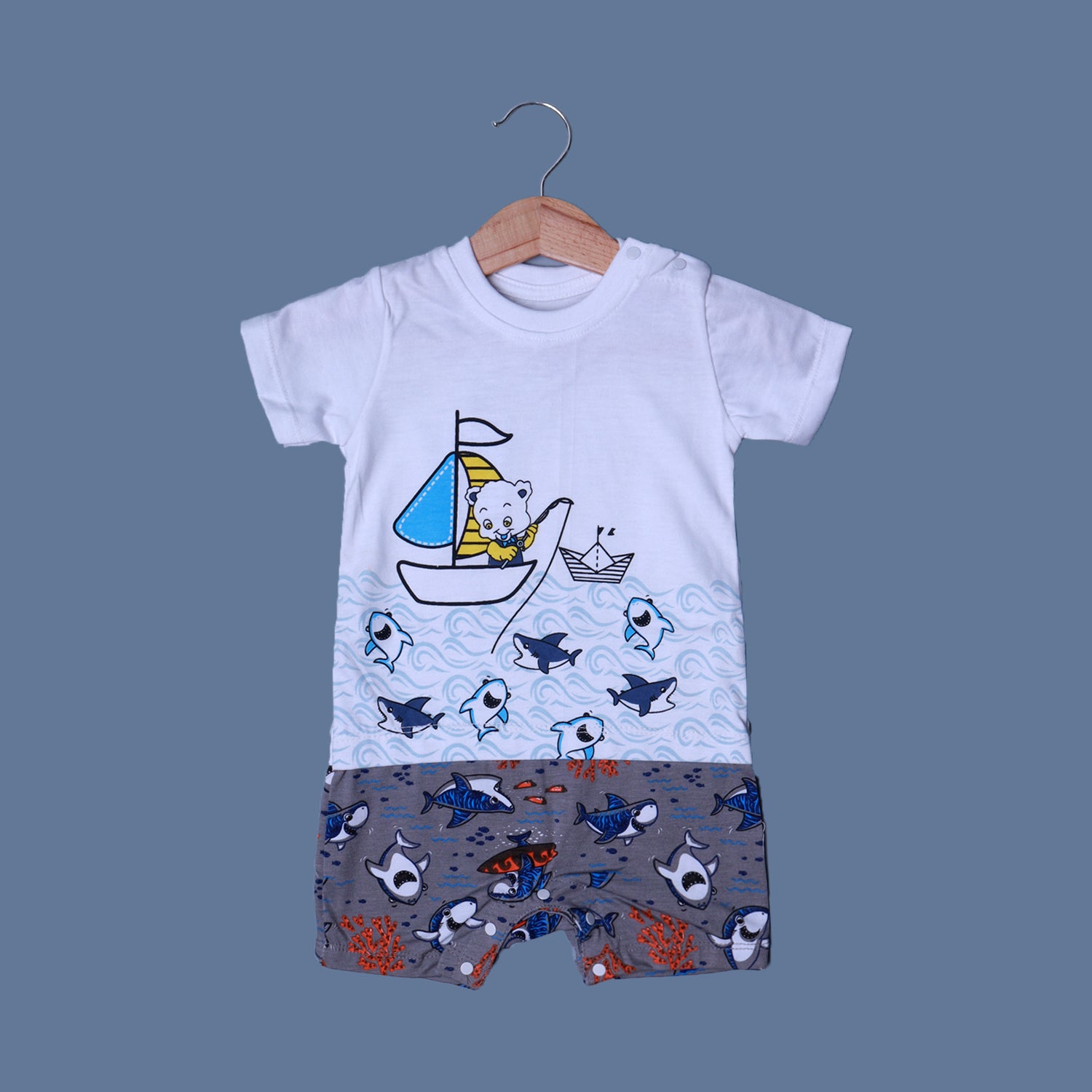 WHITE WITH GREY BOAT & SHARKS PRINTED HALF BODY ROMPER Secondary image
