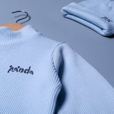 SKY BLUE PANDA PRINT WITH CAP RIBBED FABRIC SUIT FOR WINTERS
