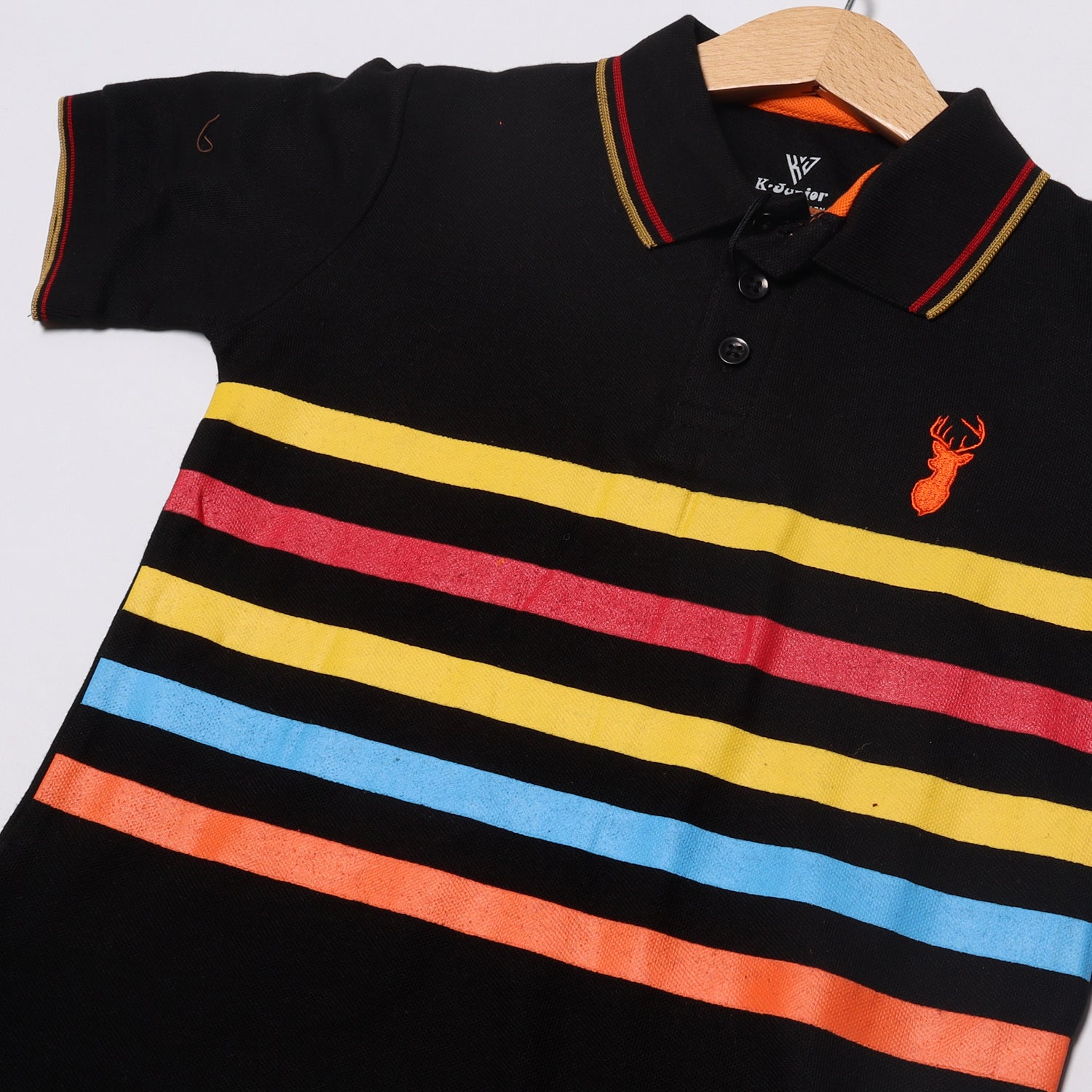 NEW BLACK POLO WITH "MULTI COLOR LINES" PRINTED HALF SLEEVES T-SHIRT