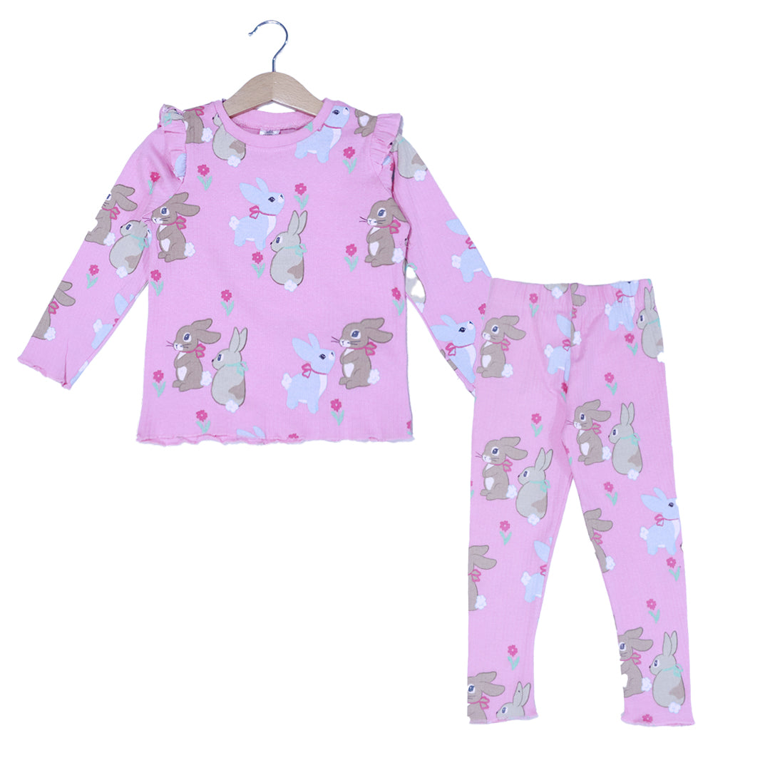 PURPLE WITH RABBIT PRINT DROP NIDDLE RIBBED FABRIC SUIT FOR GIRLS MID SEASON Secondary image
