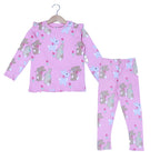PURPLE WITH RABBIT PRINT DROP NIDDLE RIBBED FABRIC SUIT FOR GIRLS MID SEASON