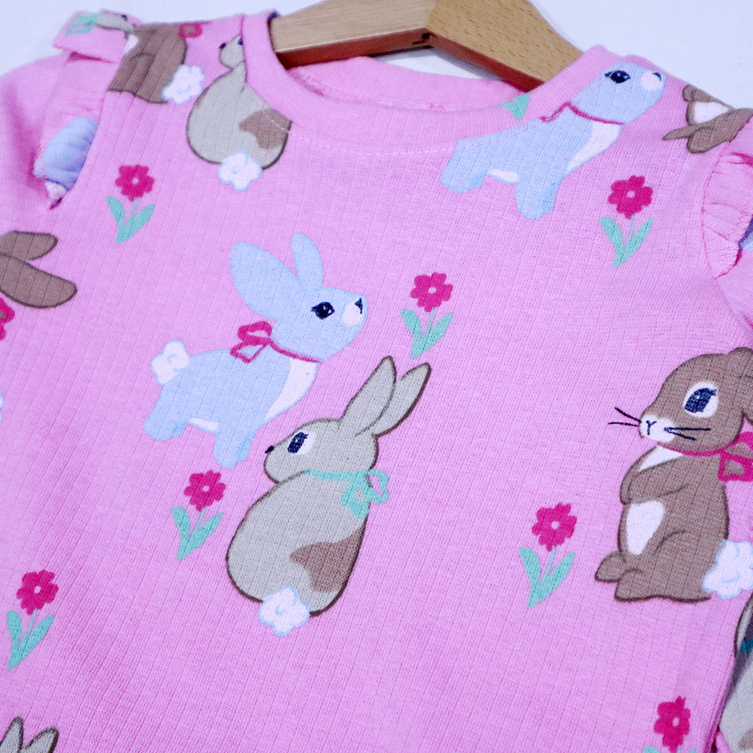 PURPLE WITH RABBIT PRINT DROP NIDDLE RIBBED FABRIC SUIT FOR GIRLS MID SEASON