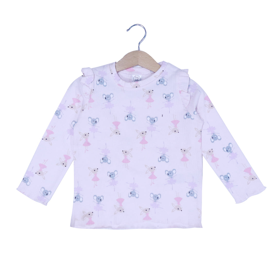 LIGHT PINK WITH RABBIT PRINT DROP NIDDLE RIBBED FABRIC SUIT FOR GIRLS MID SEASON