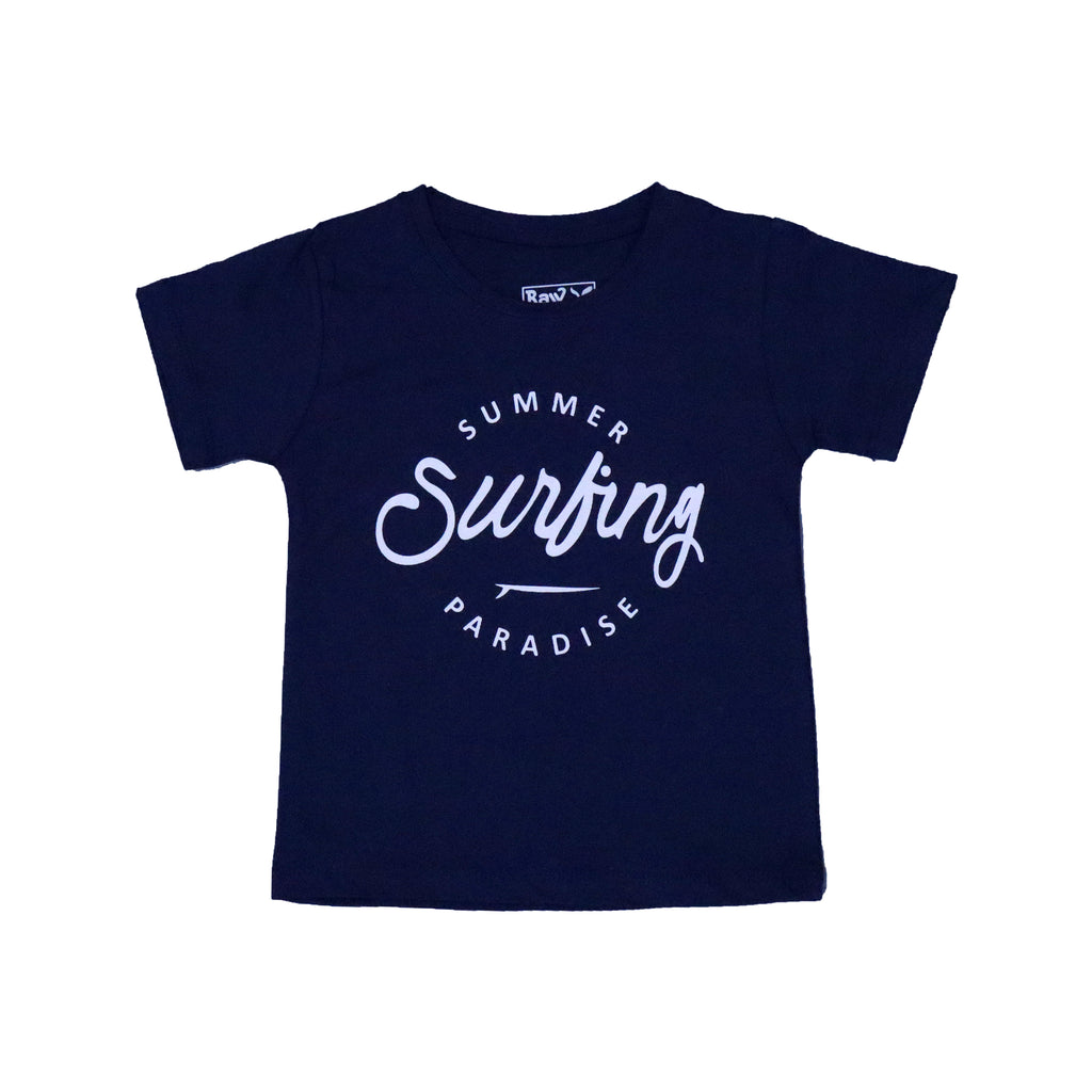 NAVY BLUE "SUMMER SURFING" PRINT HALF SLEEVES T-SHIRT FOR BOYS
