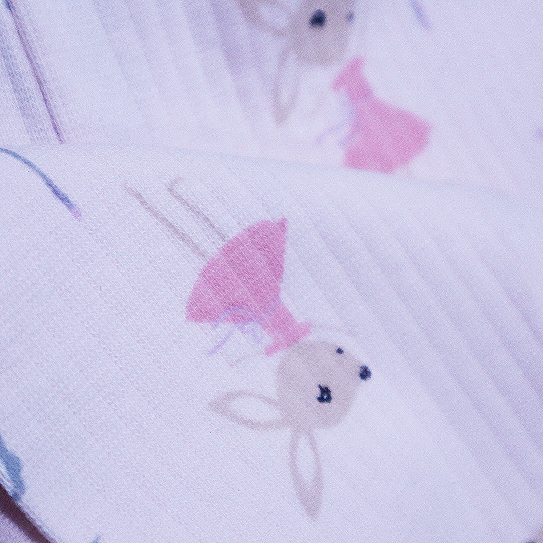 LIGHT PINK WITH RABBIT PRINT DROP NIDDLE RIBBED FABRIC SUIT FOR GIRLS MID SEASON