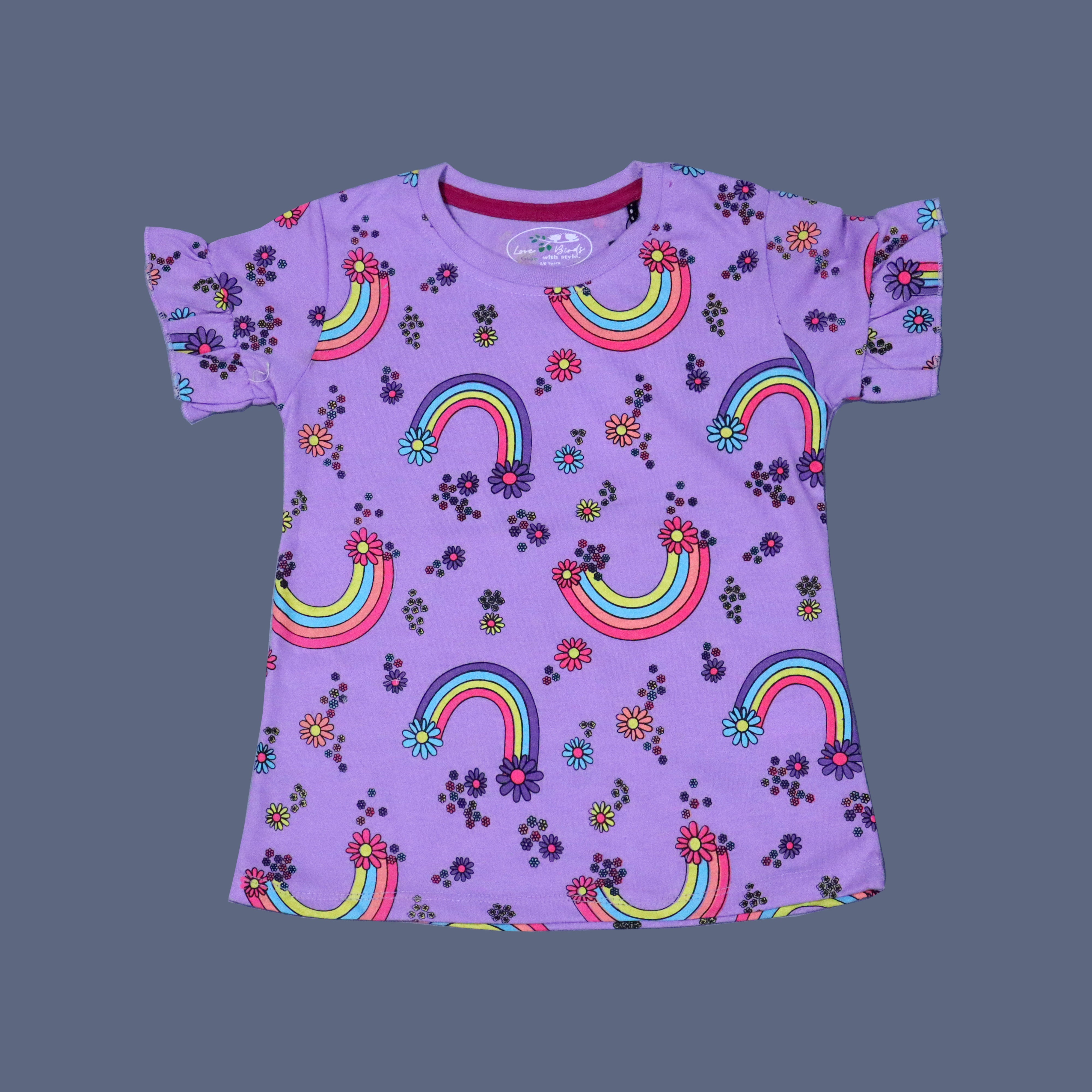 LIGHT PURPLE RAINBOW & FLOWERS PRINT T-SHIRT TOP FOR GIRLS Secondary image