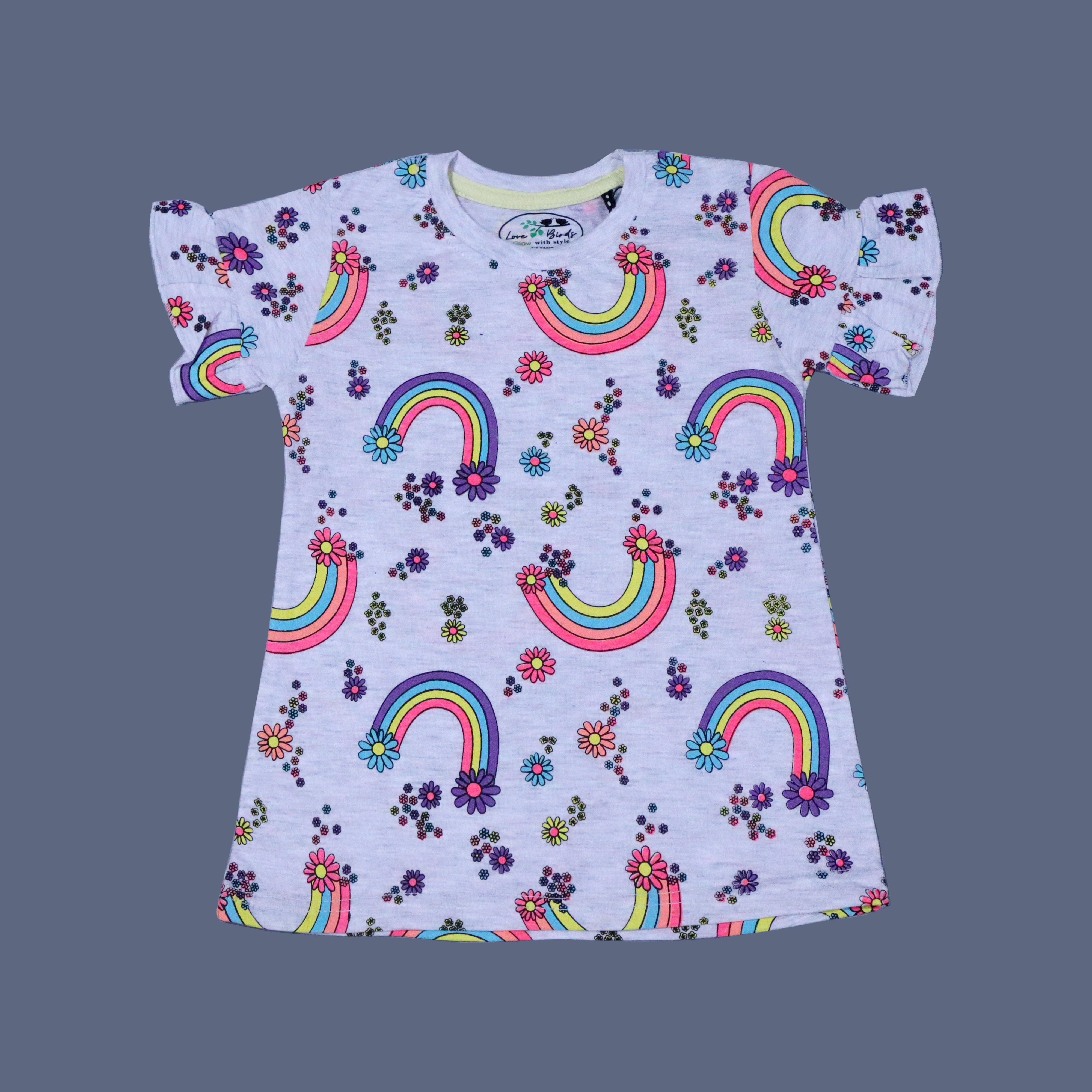 HAZEL GREY RAINBOW & FLOWERS PRINT T-SHIRT TOP FOR GIRLS Secondary image