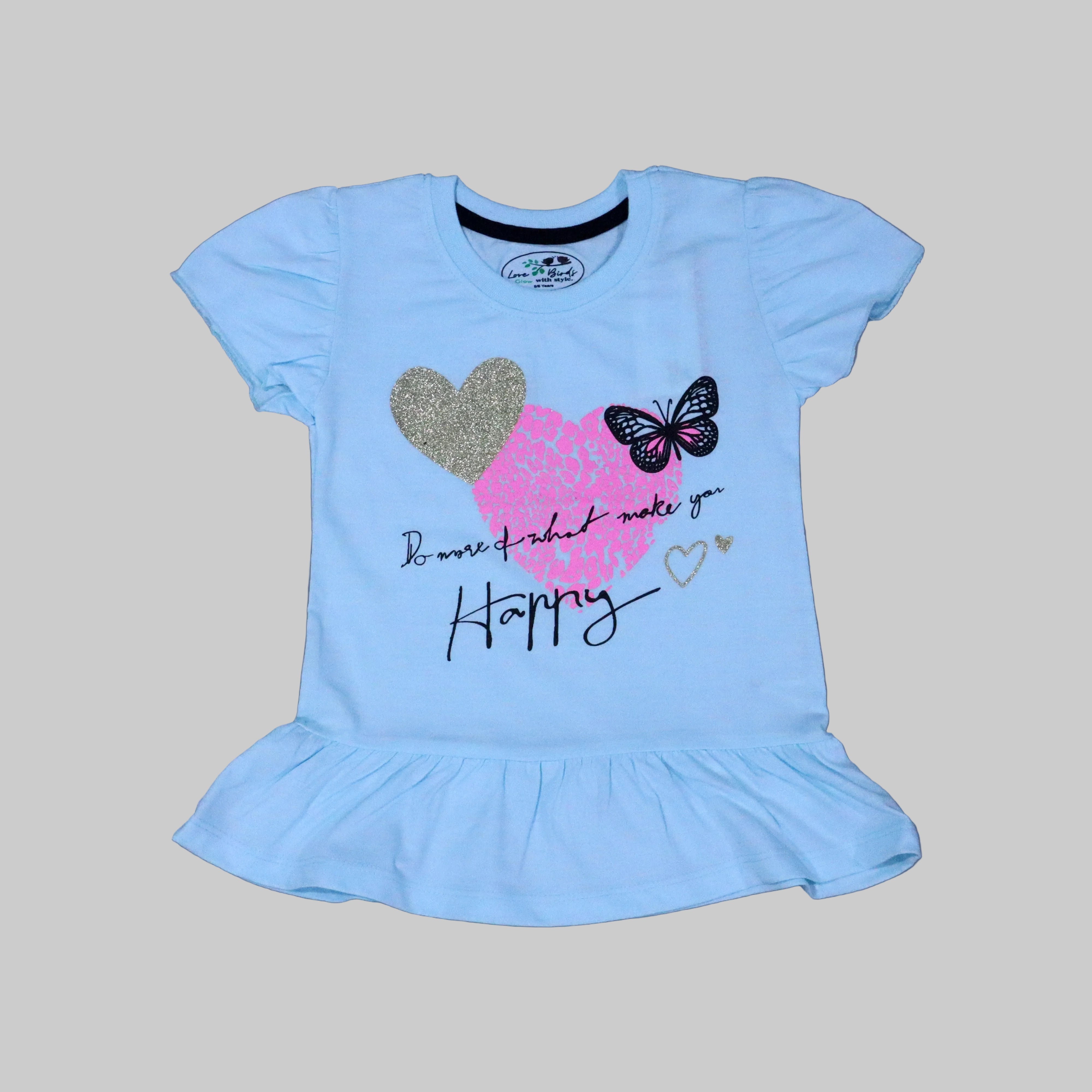 SKY BLUE "BUTTERFLY & HAPPY" T-SHIRT TOP FOR GIRLS Secondary image