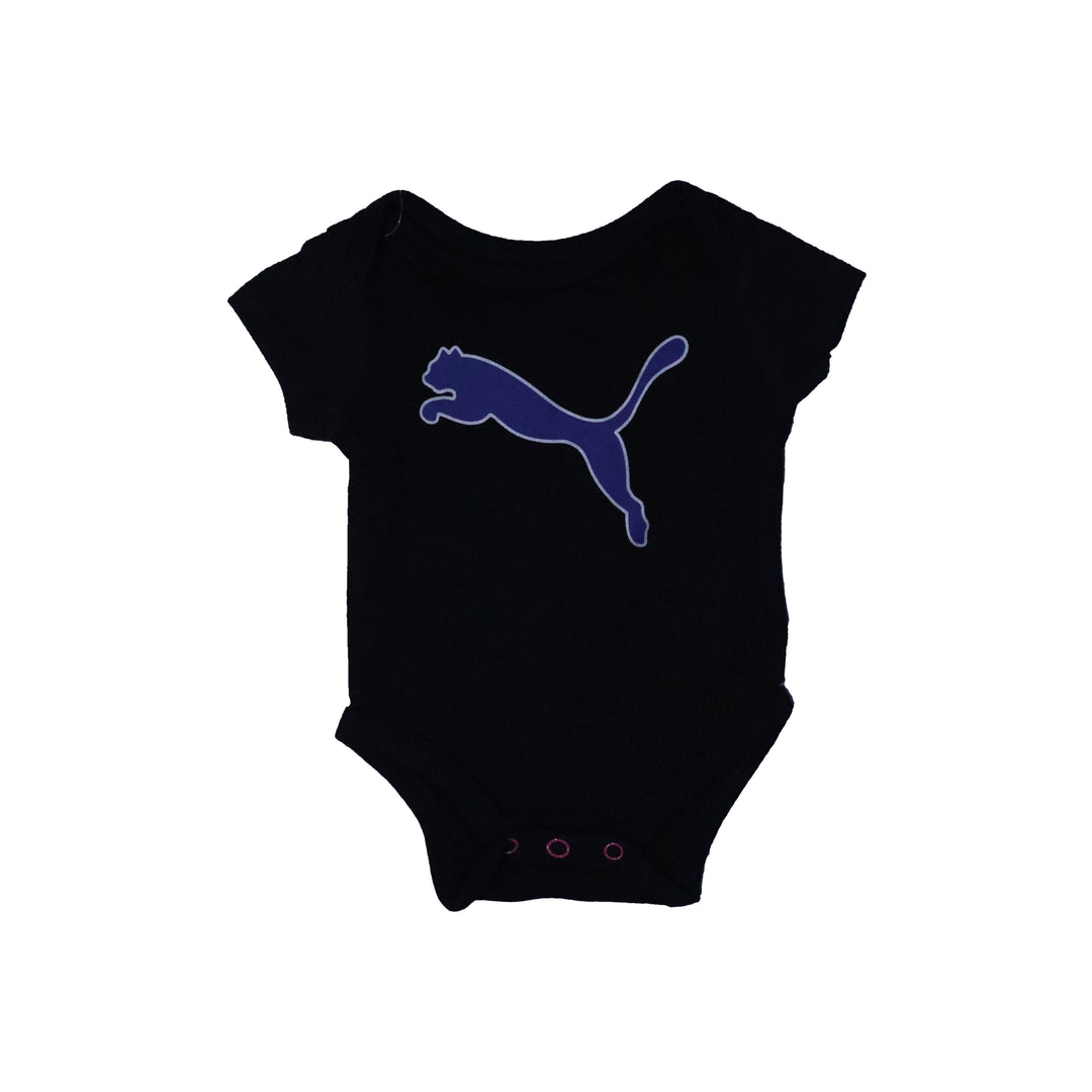 BLACK WITH NAVY BLUE "PUMA" PRINT HALF BODY HALF SLEEVES ROMPER