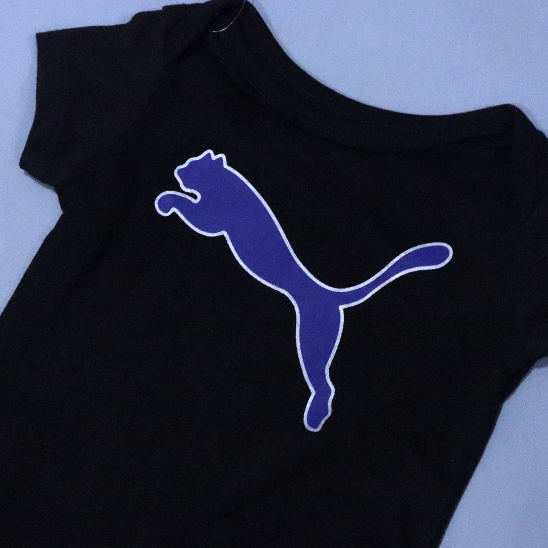 BLACK WITH NAVY BLUE "PUMA" PRINT HALF BODY HALF SLEEVES ROMPER