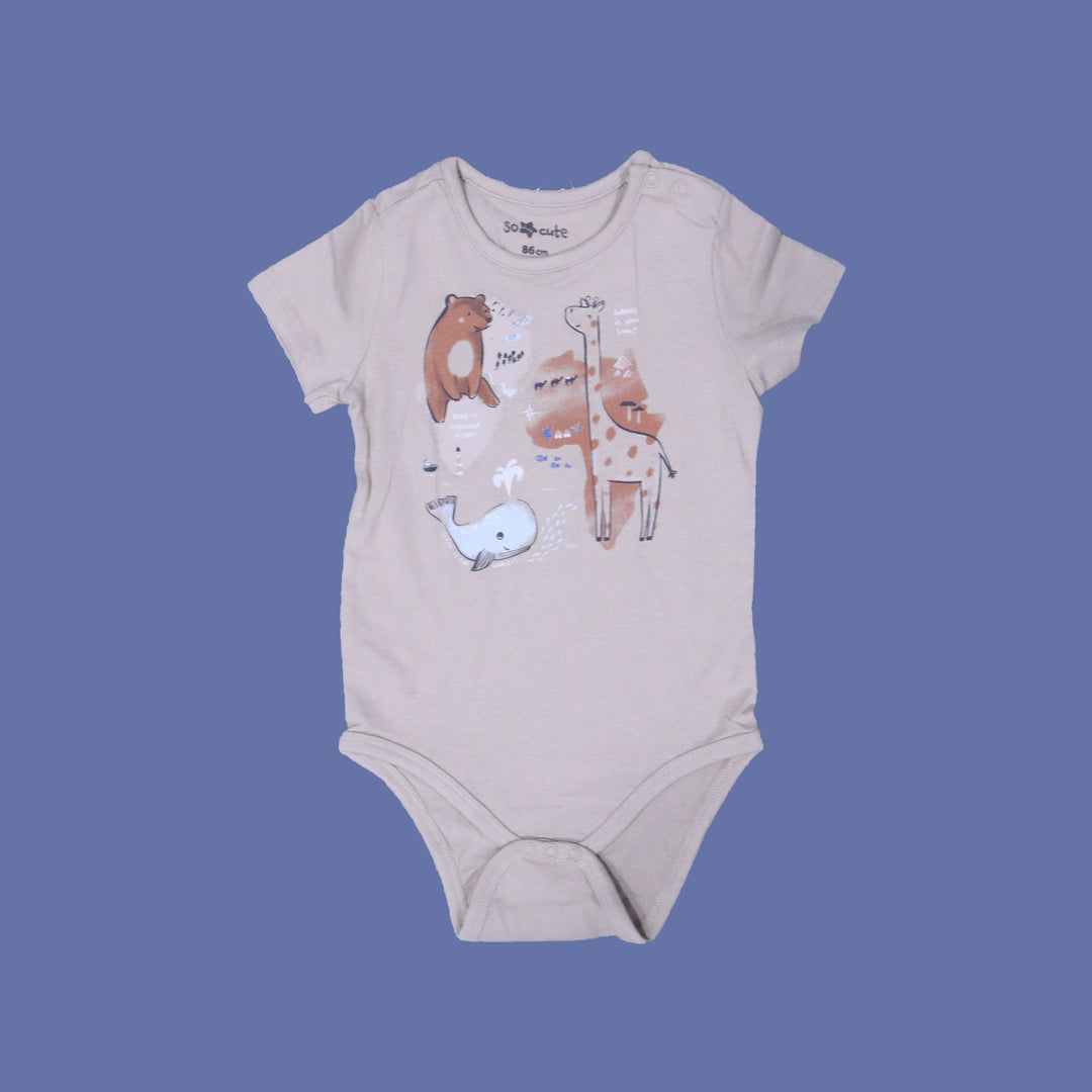 LIGHT BROWN ANIMALS PRINT HALF BODY HALF SLEEVES ROMPER