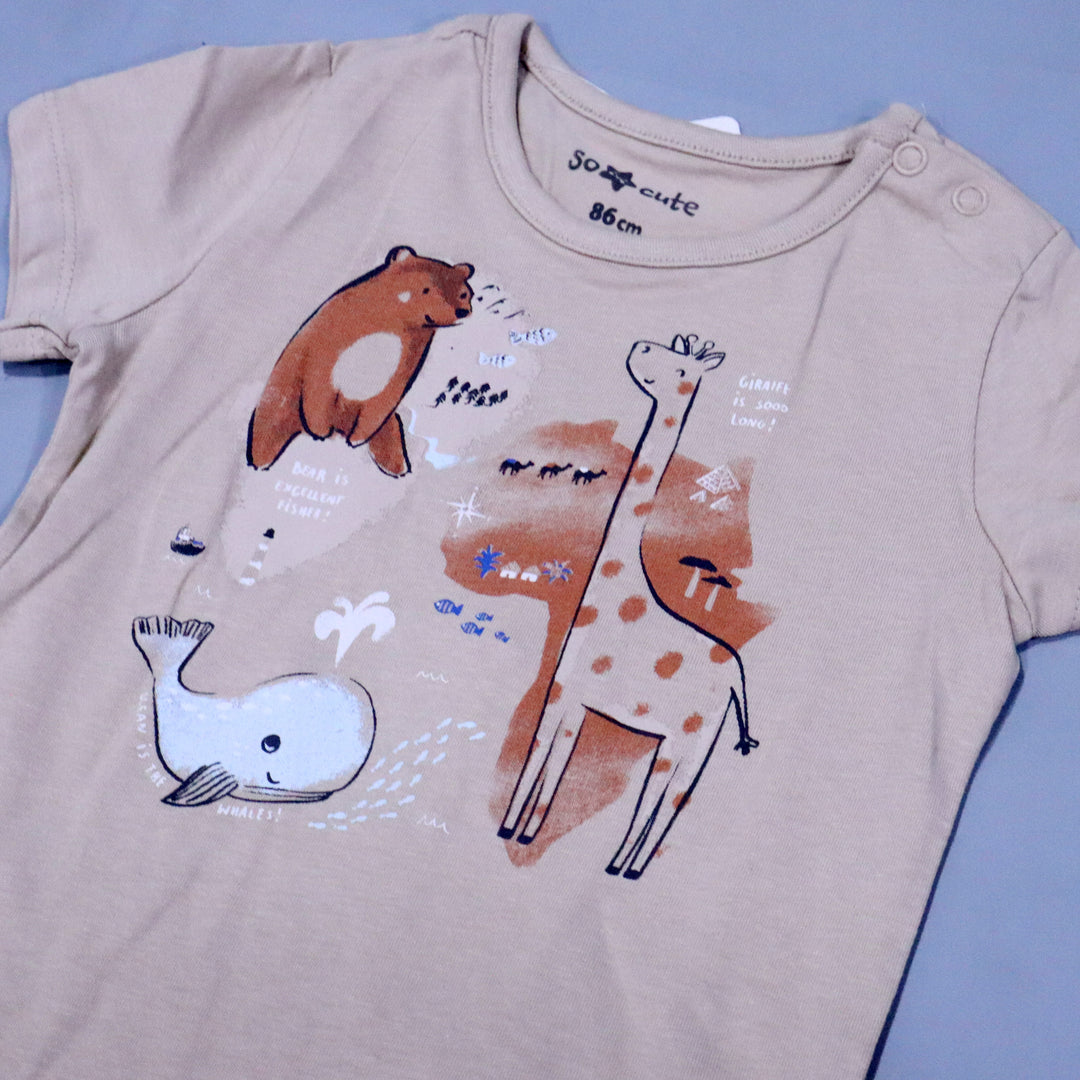 LIGHT BROWN ANIMALS PRINT HALF BODY HALF SLEEVES ROMPER