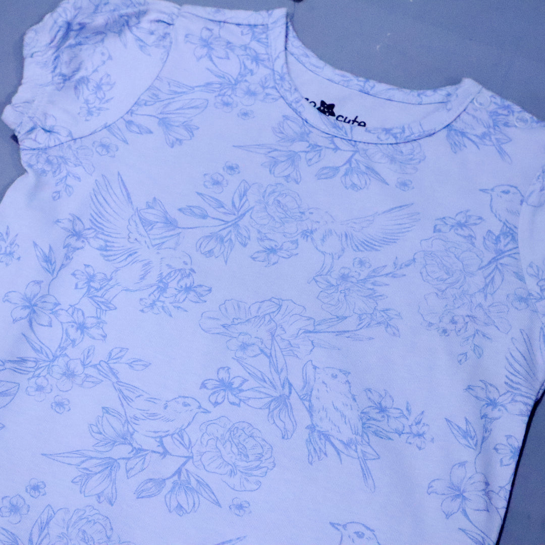 SKY BLUE FLOWER & BIRD PRINT HALF SLEEVES ROMPER