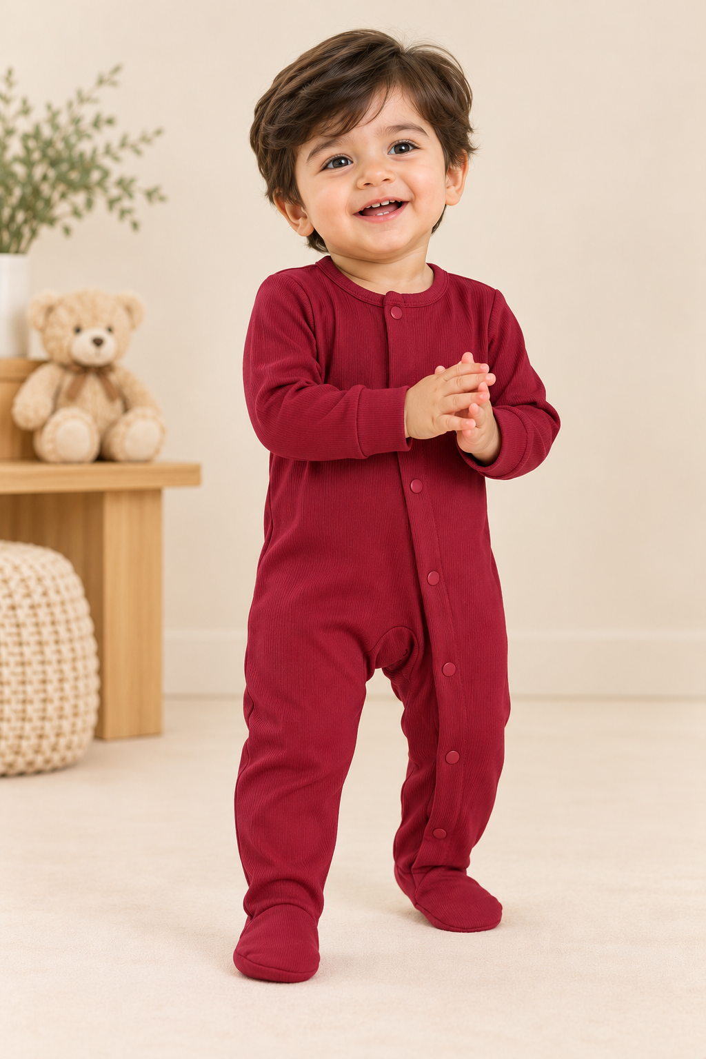MAROON PANDA PRINT RIBBED FABRIC POWER STRETCH FULL BODY FULL SLEEVES ROMPER