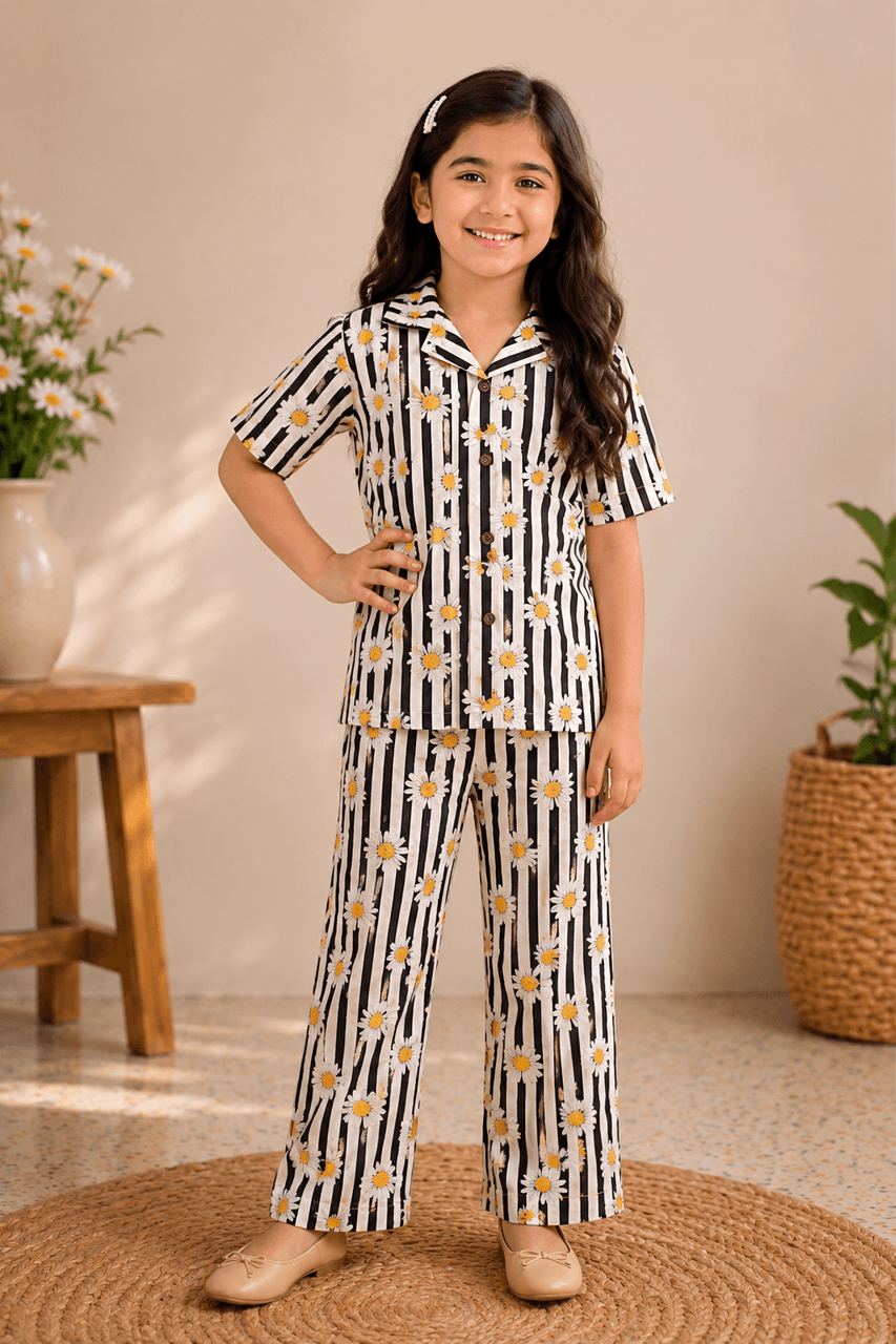 White Sun Flower Print Co-Ord Linen Fabric Suit Main image