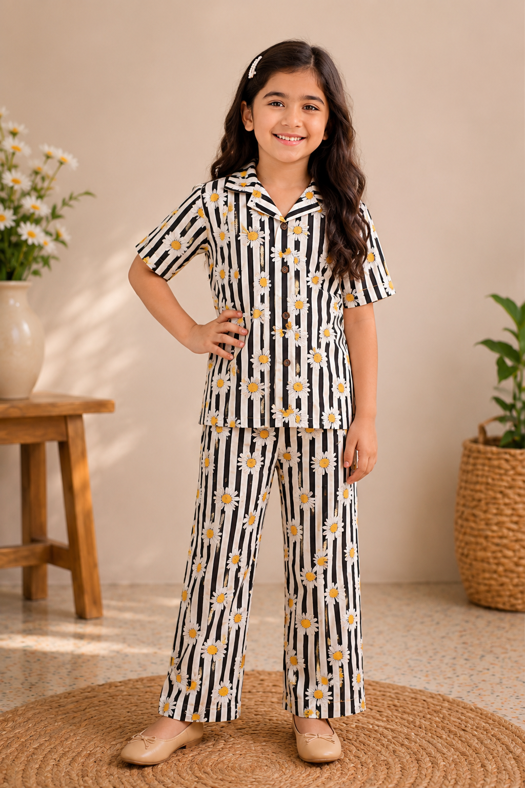 White Sun Flower Print Co-Ord Linen Fabric Suit