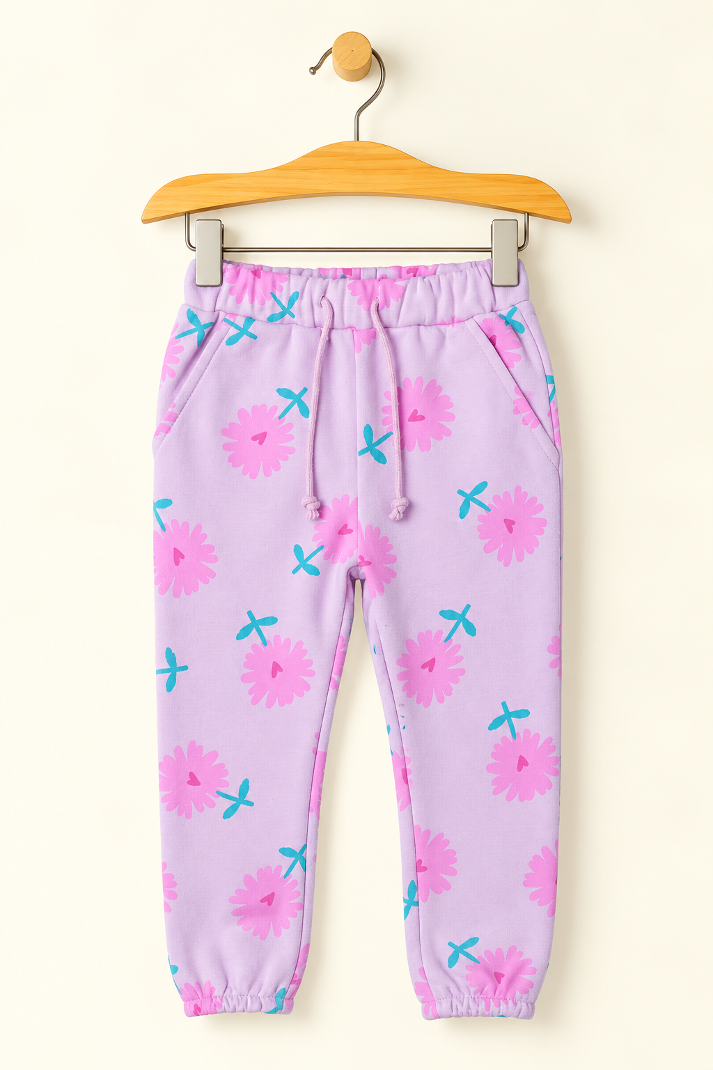 PINK WITH FLOWERS PRINTED DOUBLE POCKET JOGGER PANTS TROUSER Main image