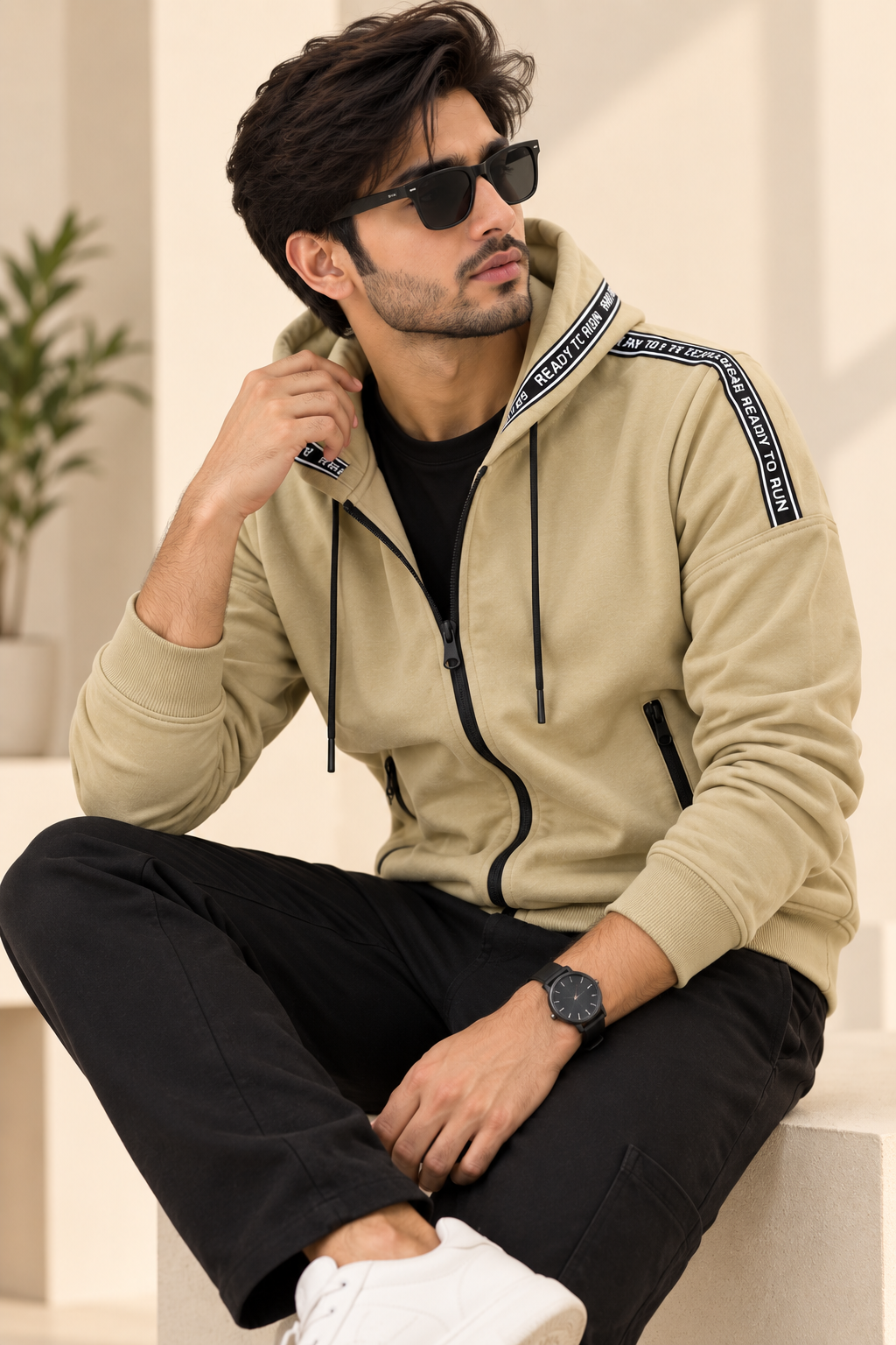 Camel Zipper Luxe Fabric Hoodie
