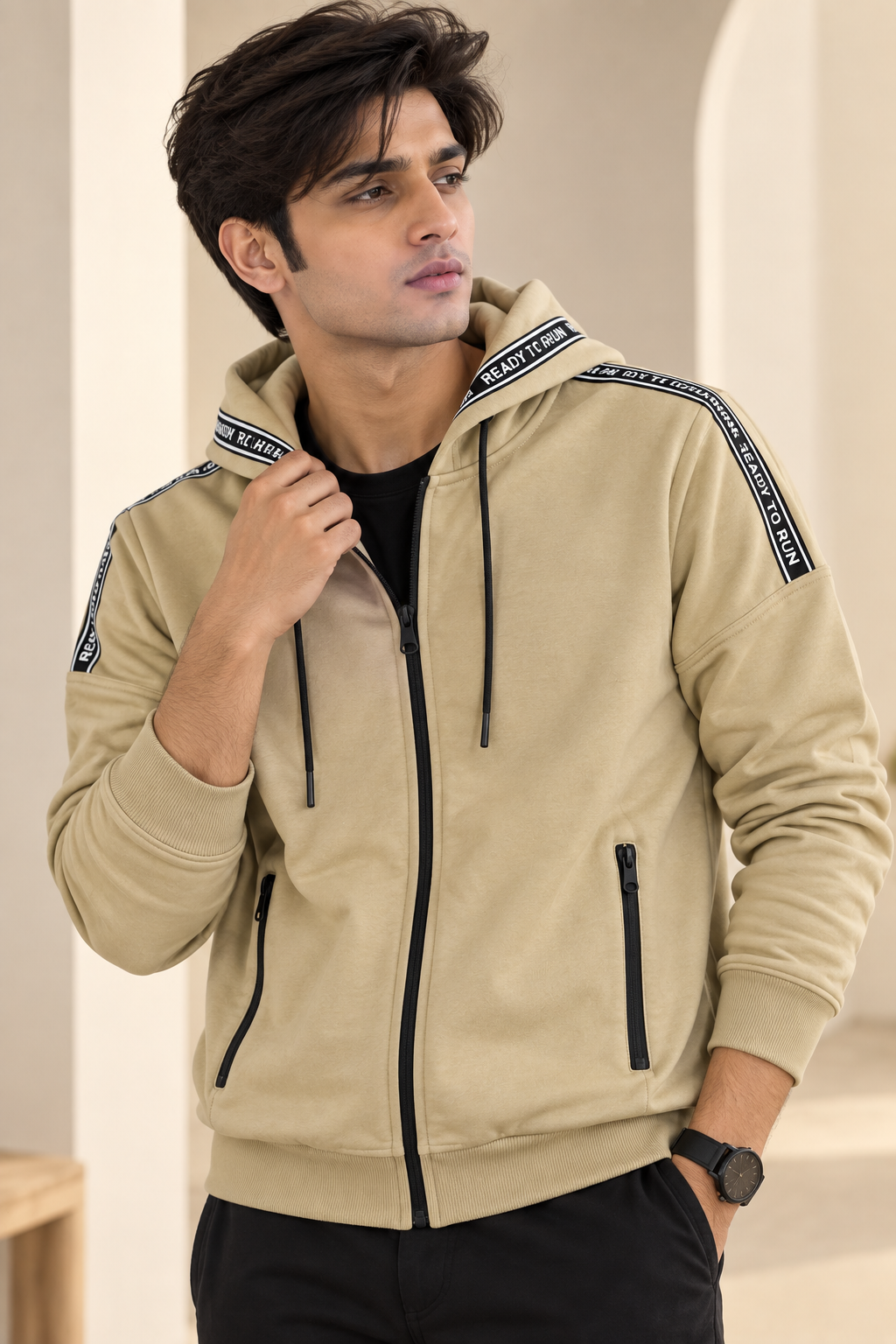 Camel Zipper Luxe Fabric Hoodie