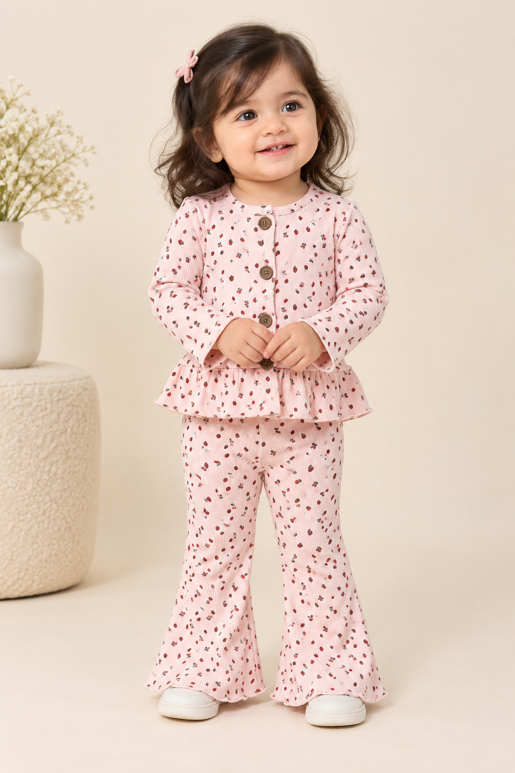 Pink Strawberry Print Frock With Trouser Suit For Girls