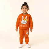 Dark Peach Rabbit Smile Print Terry Fabric Suit For Winters
